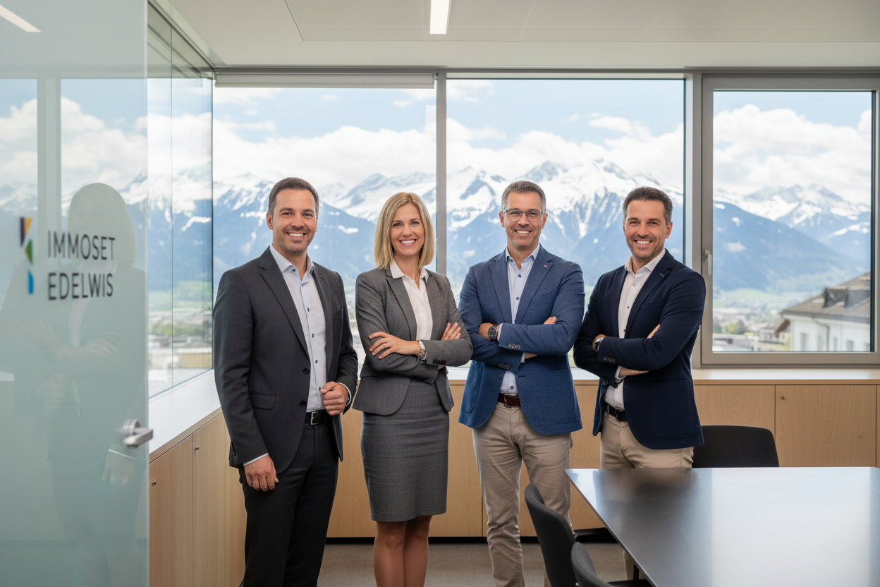 Ein firmen foto von einer schweizer immobilienverwaltung von 4 personen. der name der firma ist, Immoset Edelwis.