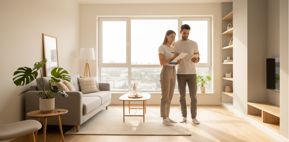 Erstelle ein modernes, hochwertiges Bannerbild für Website. Das Bild soll eine helle, freundliche Wohnung zeigen – sauber, eingerichtet, mit grossen Fenstern, viel Tageslicht und einem warmen, einladenden Look. Ein Paar soll entspannt eine Wohnungsübernahme-Situation darstellen: z. B. mit einer Checkliste, einem Tablet oder Smartphone in der Hand, während sie auf Details im Raum achten. Die Stimmung soll Vertrauen, Klarheit und einen professionellen Mietstart vermitteln. 